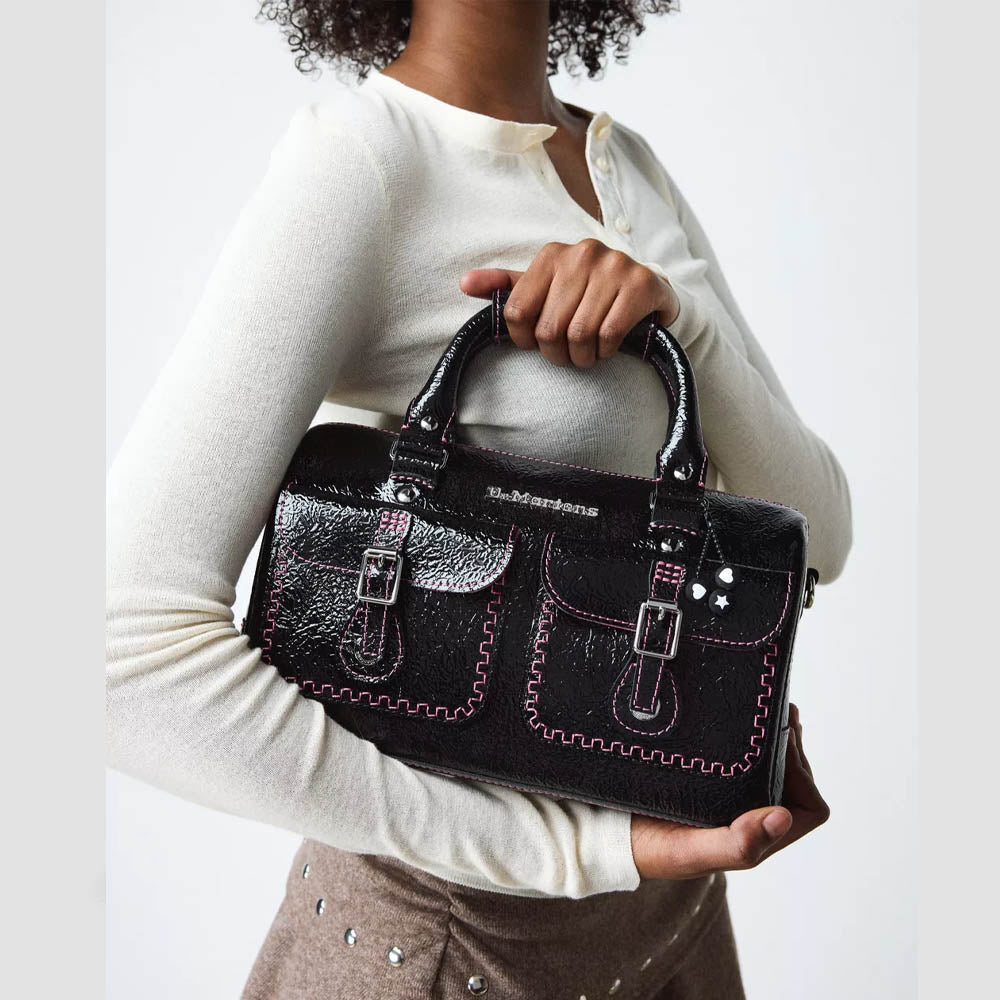 TOP HANDLE DISTRESSED PATENT LEATHER BAG / BLACK