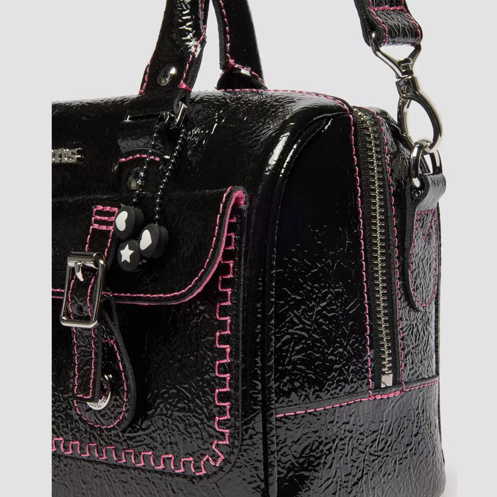 TOP HANDLE DISTRESSED PATENT LEATHER BAG / BLACK
