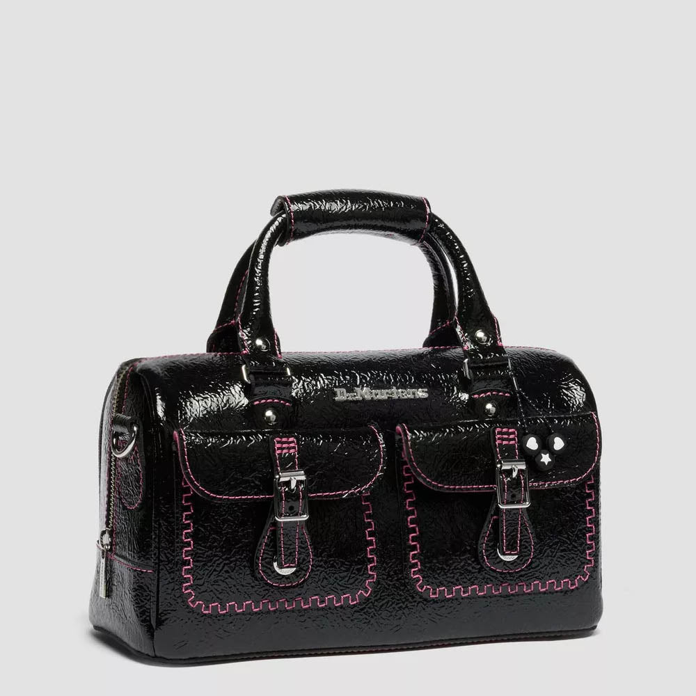 TOP HANDLE DISTRESSED PATENT LEATHER BAG / BLACK