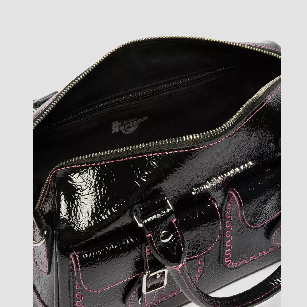 TOP HANDLE DISTRESSED PATENT LEATHER BAG / BLACK