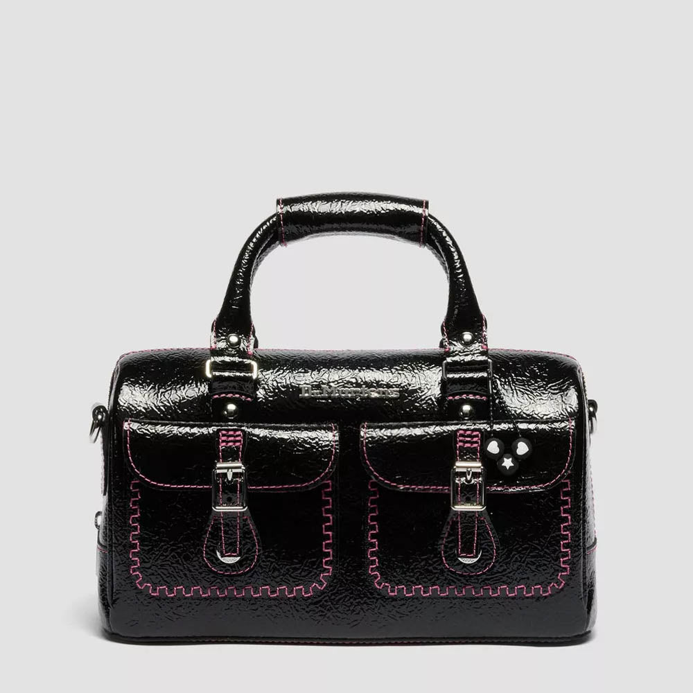 TOP HANDLE DISTRESSED PATENT LEATHER BAG / BLACK
